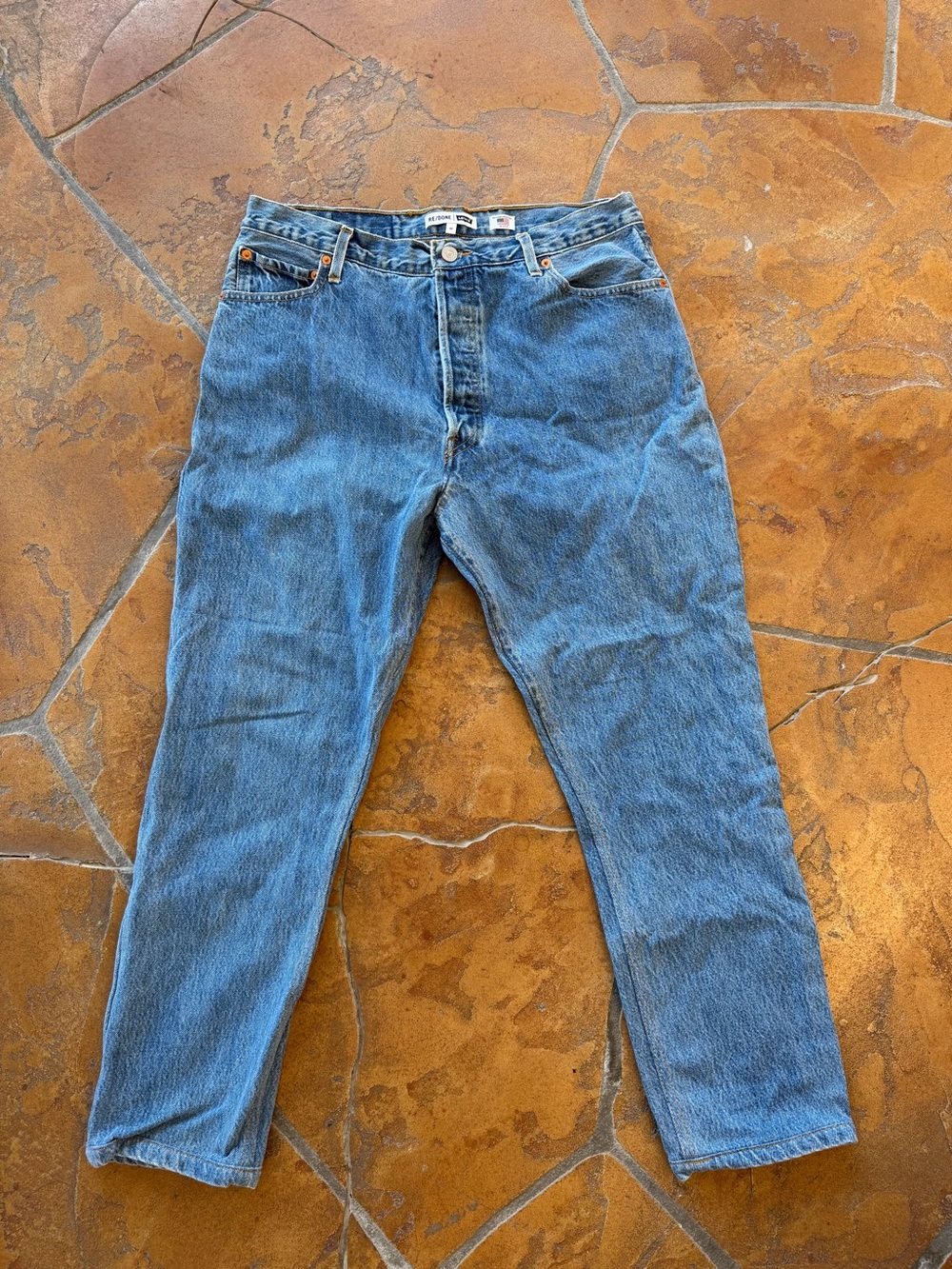 RE/DONE Blue Denim High Rise Cropped Button Fly 5-Pocket Levi Jeans